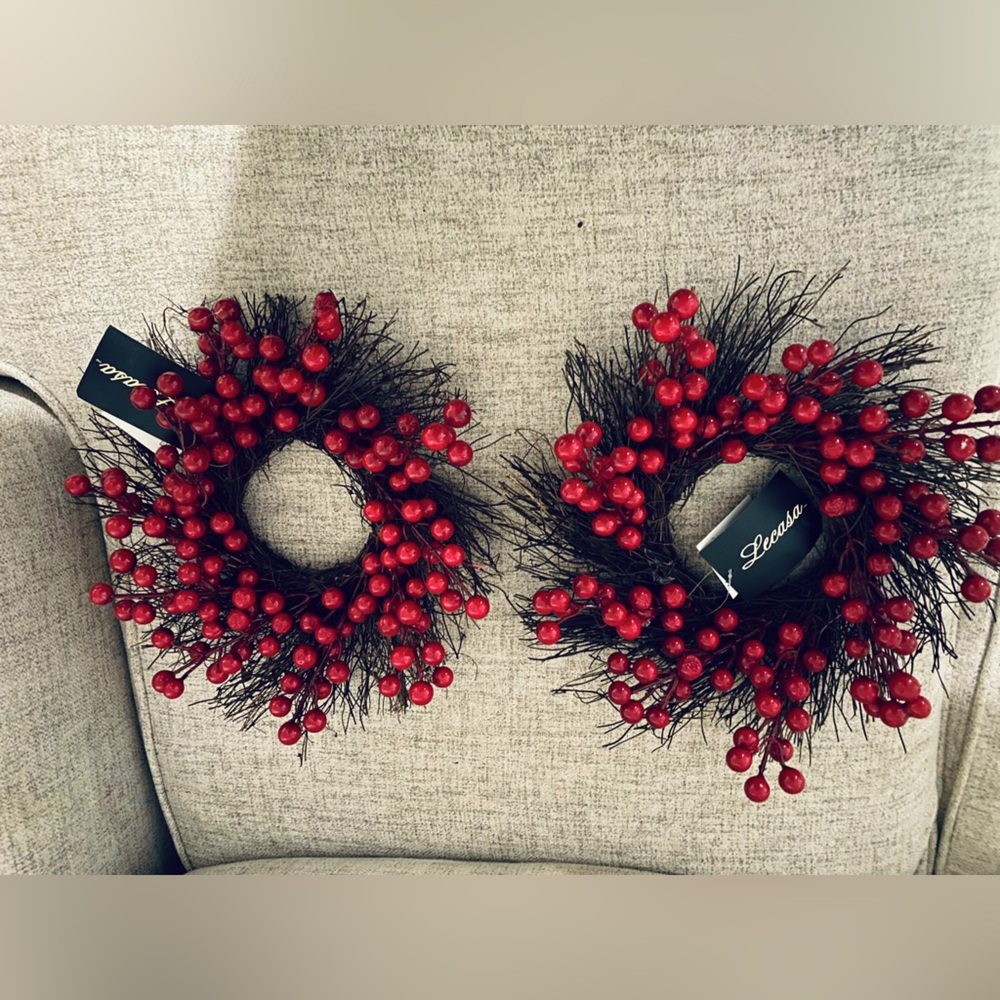 Two mini christmas wreaths to be center pieces or can be hung up as wall decor.